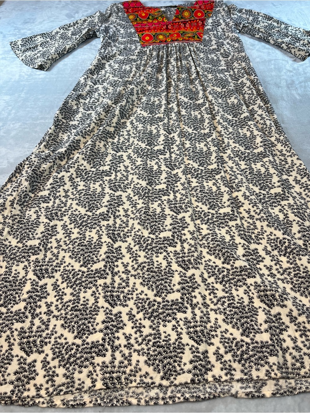 Lara Rosnovsky L 100% Cotton Embroidered Boho Midi Tunic Dress Bell Sleeve - Picture 12 of 15